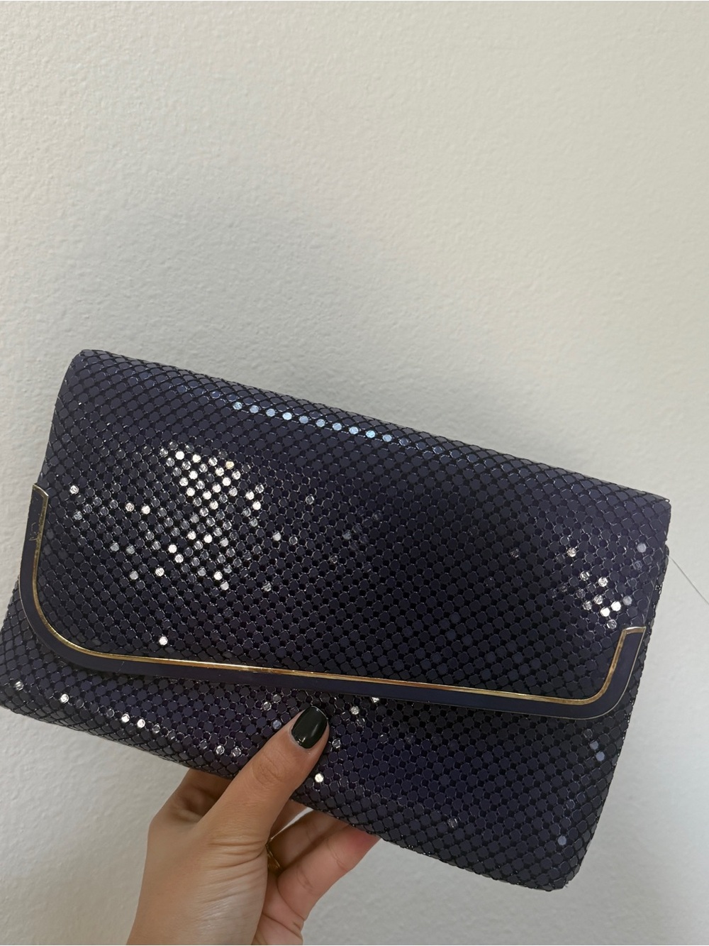 purple sequin clutch